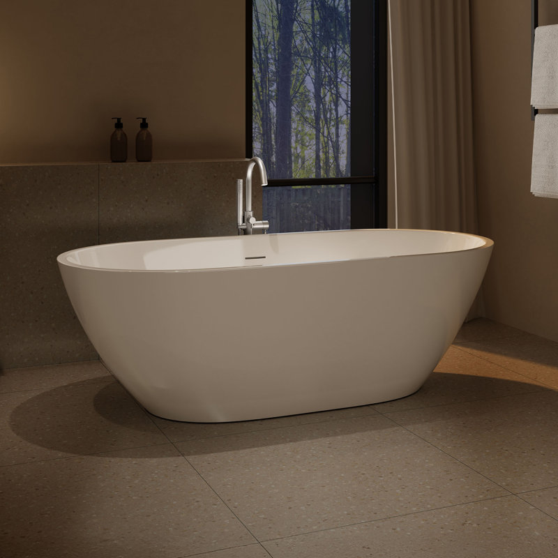 Baignoire de trempage autoportante en acrylique blanc à surface solide avec trop-plein et bonde escamotable en nickel satiné 65,98 po x 29,53 po Ayago