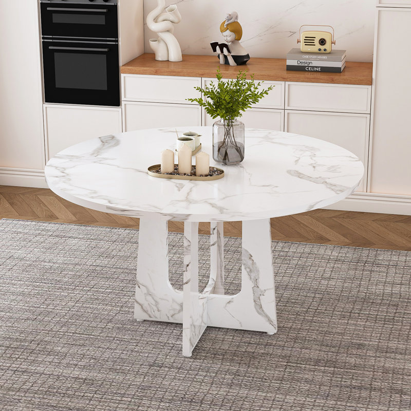 Table de salle à manger ronde en panneau de fibres à densité moyenne avec une finition en marbre blanc, capacité de 300 lb, facile à assembler pour les cuisines et les salles à manger modernes