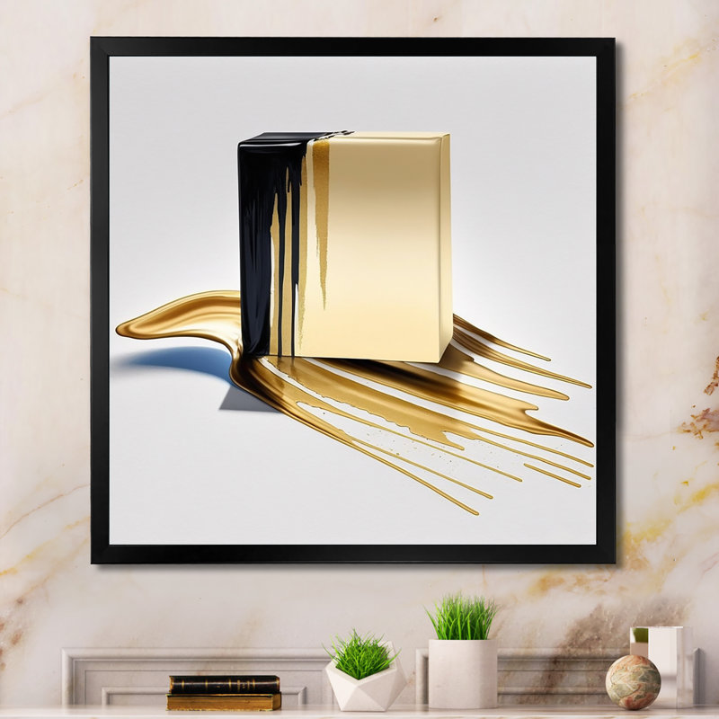 «Cubic», art cubique abstrait noir et doré, Impression noire sur toile encadrée, H 16 po x l 16 po x P 1 po