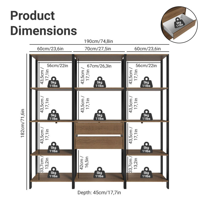Madesa Garage Storage Rack with 2 Drawers and Open Shelves 74"L Multiuse Modular Organization Cabinet for Tools - Black/Brown