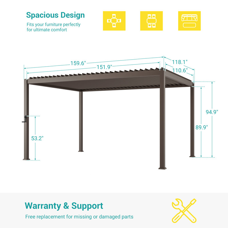 Outdoor Louvered Pergola, Patio Pergola with Adjustable Roof, Modern Metal Pergola for Patio, Deck, Porch, Yard, Brown