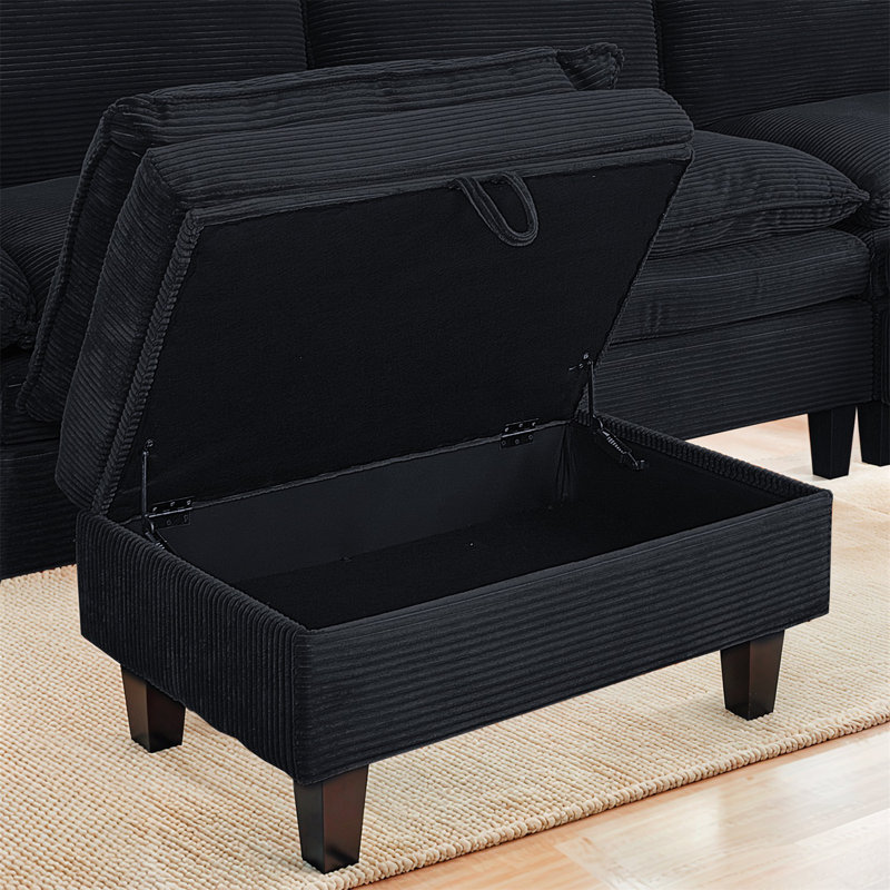 Modular Sectional Sofa, Corduroy U-Shape Sectional Couch With 2 Movable Ottoman For Living Room, Black Corduroy