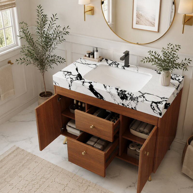 Meuble-lavabo moderne sur pied avec plateau en pierre frittée, lavabo en céramique et rangement astucieux, pour petites salles de bains et salles de bains principales.