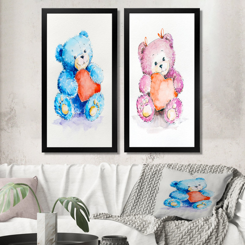 «Happy Valentine Day Cute Teddy», ensemble de 2 reproductions sur toile, H 40 po x l 40 po x P 1 po, Cadre photo noir