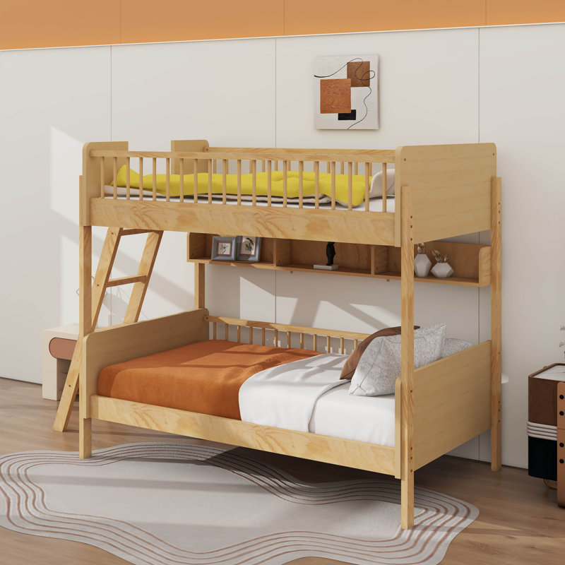 Twin Size Wooden Bunk Bed With 3 Storage Shelves, Natural