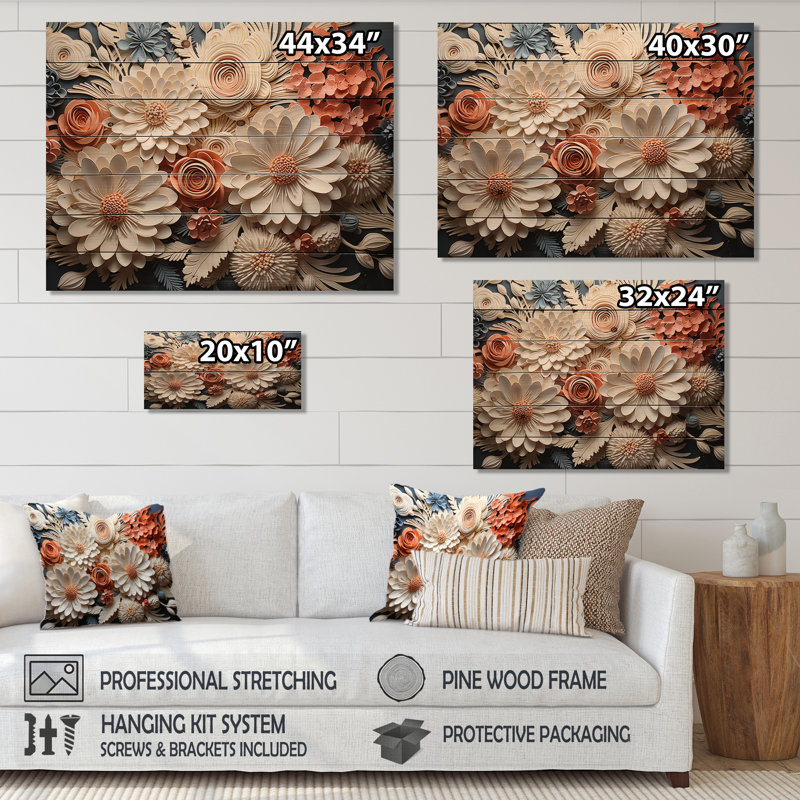 Pêche et corail blanc I - art botanique abstrait sur bois de pin naturel, H 10 po x l 20 po