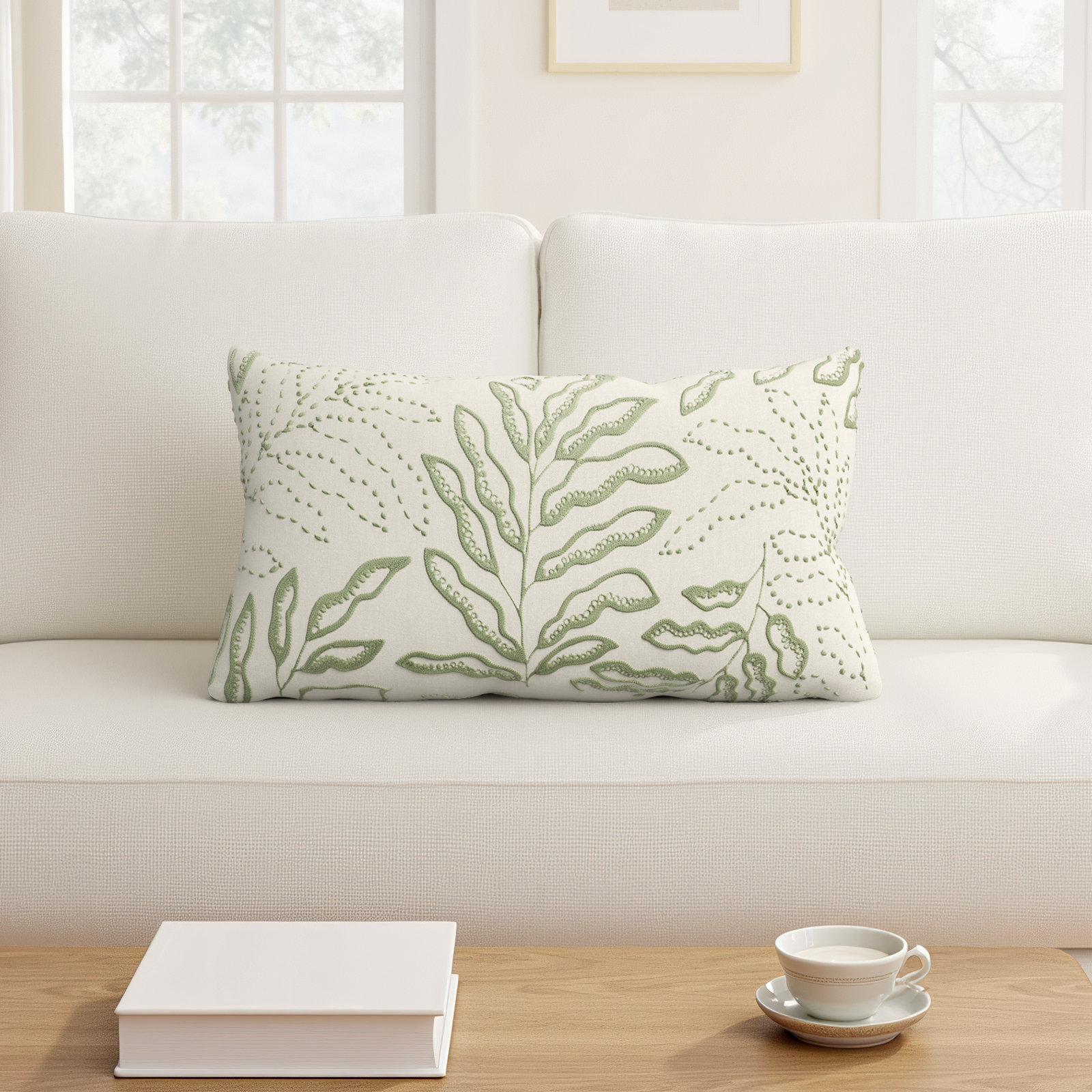 Elwin Embroidered Cotton Lumbar Throw Pillow, Ivory/Green