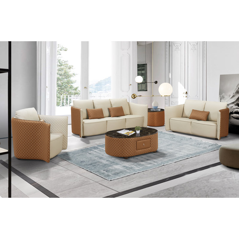 3 Pieces Makassar Sofa Set Lite Grey & Taupe Italian Leather, Off White/Orange Genuine Leather