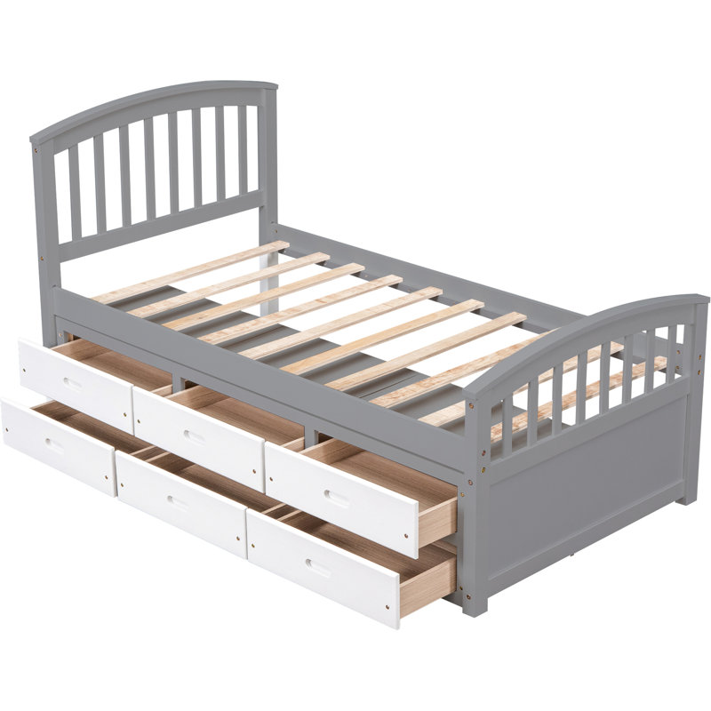 Gris et blanc, structure de lit simple, bois massif, 6 tiroirs, capacité de 200 lb, lit de support de matelas, pin, décor moderne