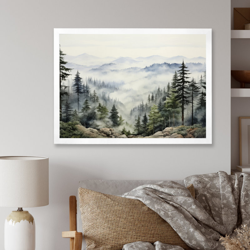 «Pine Tree Misty Mountain I», art sur toile de pin, H 30 po x l 40 po, Cadre photo unique, Blanc