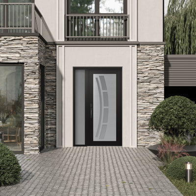 C12 Right-Hand 48 In. X 80 In. Panel Silver Steel Black And White Frosted Glass With Sidelite Frosted Glass Prehung Front Entry Door