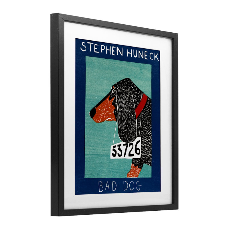 Bad Dog Dachshund, reproduction encadrée sous verre, conception par Stephen Huneck, Cadre noir minuit, H 16 po x l 13 po