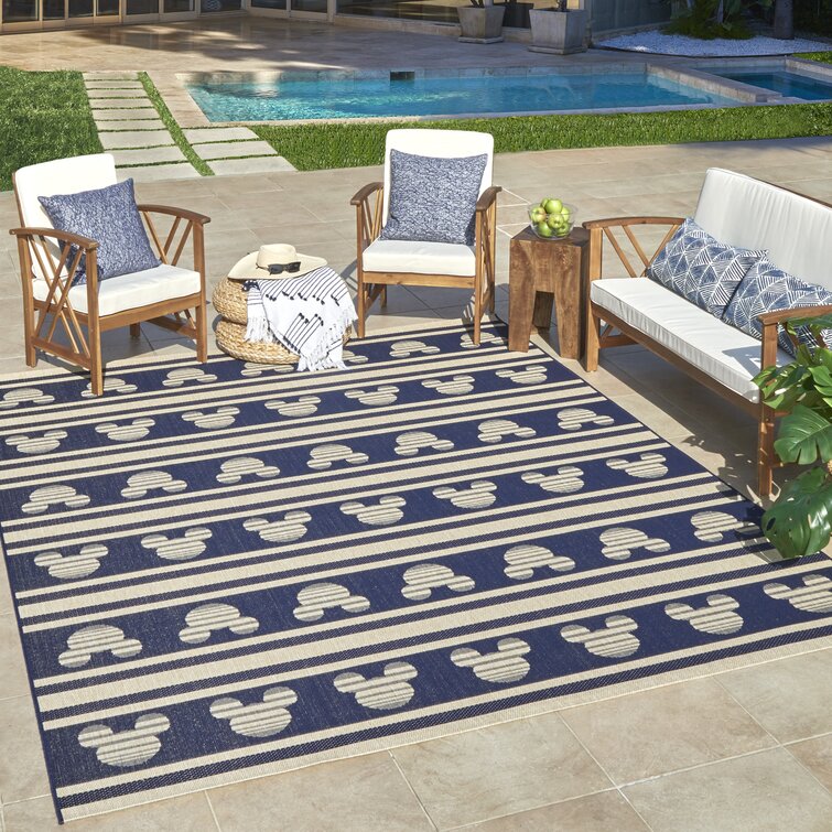 Licensed Disney Mickey Mouse Navy/Ivory Stripes Flatweave Indoor/Outdoor Area Rug