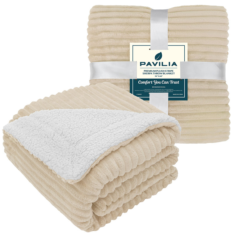 Cream Beige Reversible Sherpa Fleece Throw Blanket