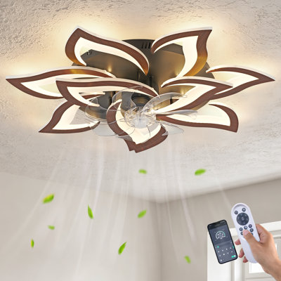 Ventilateur de plafond encastré géométrique 32 po de ton couleur noyer avec lumière, ventilateur de plafond à 10 lumières DEL avec télécommande et commande APP, ventilateur de plafond à profil bas à intensité variable avec 6 vitesses pour la chambre à coucher, la cuisine et le salon