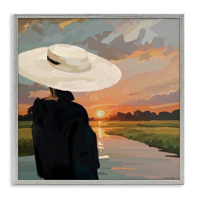 Femme à la mode regardant le coucher du soleil, estampe numérique, design par Amelia Noyes, Estampe numérique Farmhouse