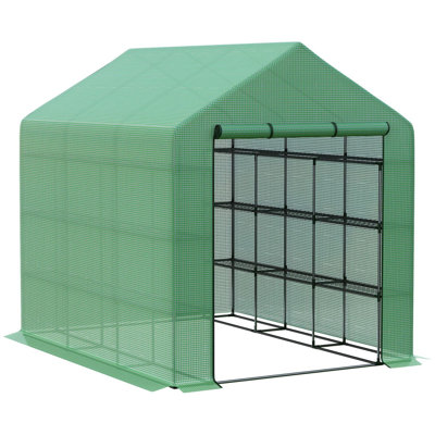 Serre pour l'extérieur Outsunny avec porte à fermeture à glissière enroulable, 18 tablettes, housse en PE, petite serre portative, joint d'étanchéité à l'humidité, 95,25 po x 70,75 po x 82,75 po