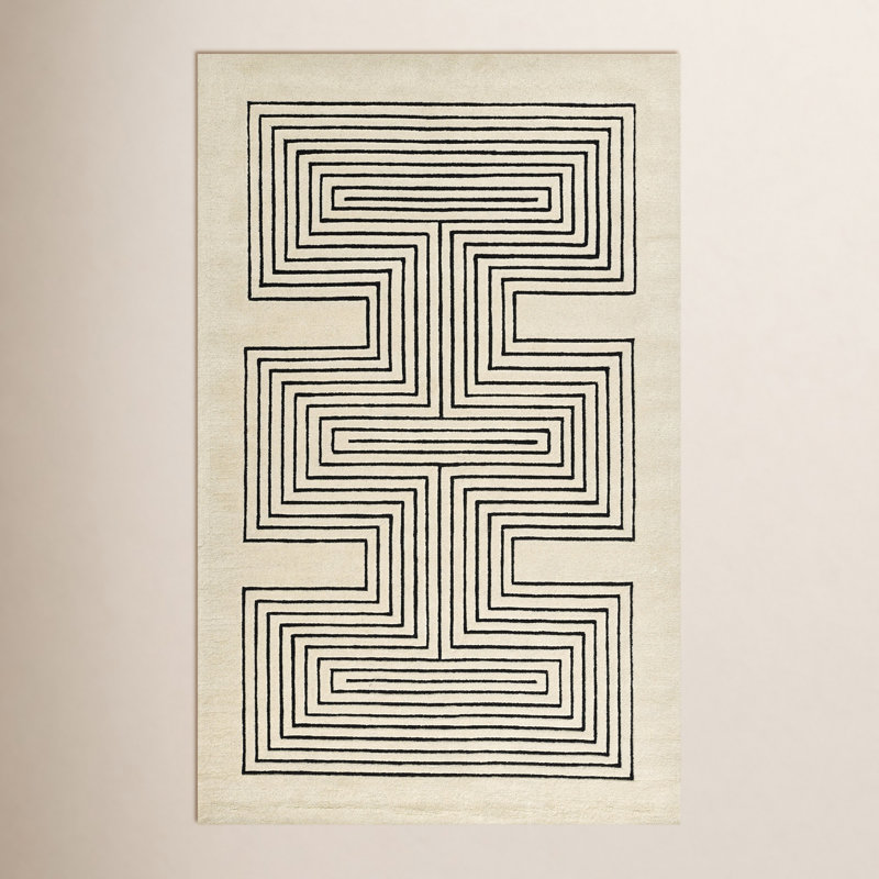 Tapis cuivre en laine touffeté à la main à motif géométrique Orlie, Rectangle 8 pi x 10 pi, Beige noir