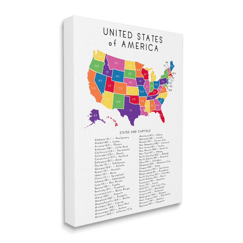 «USA Map State Abréviation and Capitals Playful Tones» par Anna Quach - Art textuel, H 40 po x l 30 po, Toile tendue