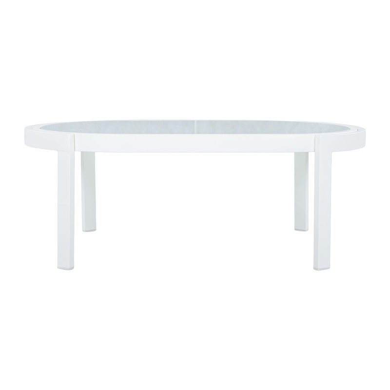 Table basse moderne d'extérieur ovale avec plateau en verre trempé, structure en aluminium blanc, table de patio résistante aux intempéries pour la cour, la terrasse et le bord de la piscine