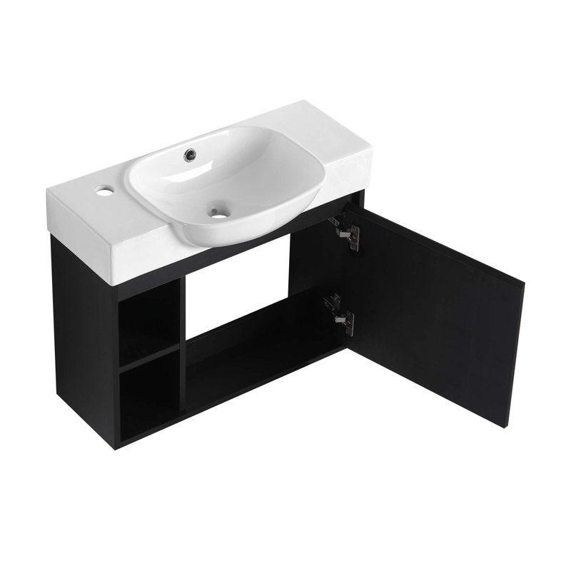 Meuble-lavabo mural avec lavabo en céramique blanche et porte à fermeture en douceur, emballage KD, Dark Oak