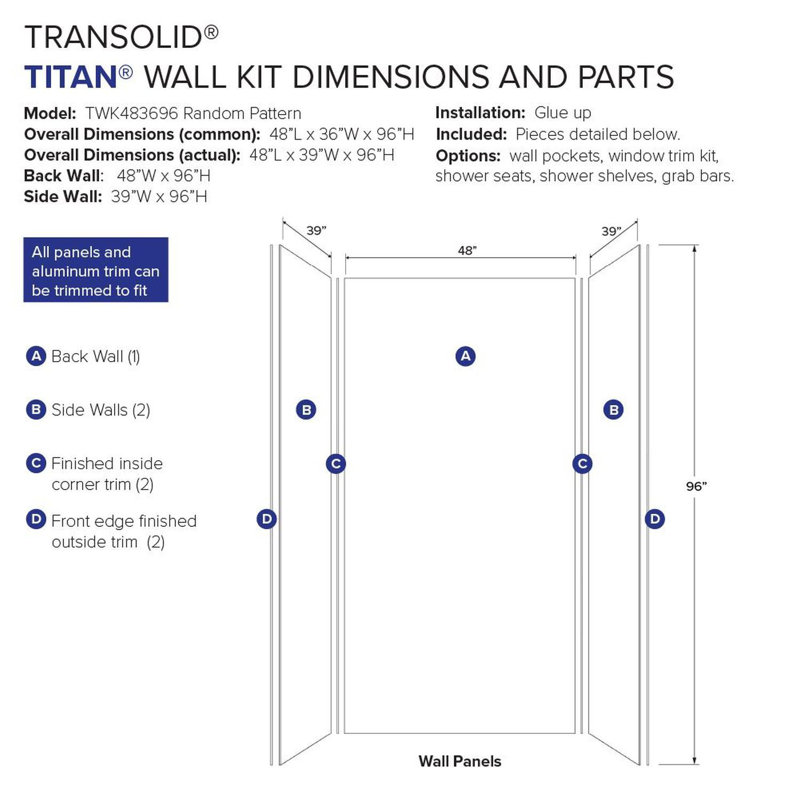 Titan 48'' W 39'' D 96'' H Glue Up Solid Surface Wall