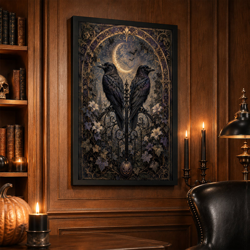 Deux corbeaux sur une porte gothique sous un croissant de lune, art mural d'Halloween, H 36 po x l 24 po