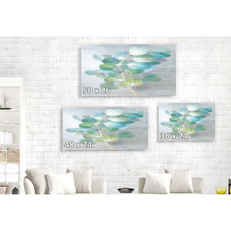 Branches sur fond blanc et gris, eucalyptus, bleu, cyan, bleu sarcelle, vert, plante, nature, H 24 po x l 36 po x P 1,5 po