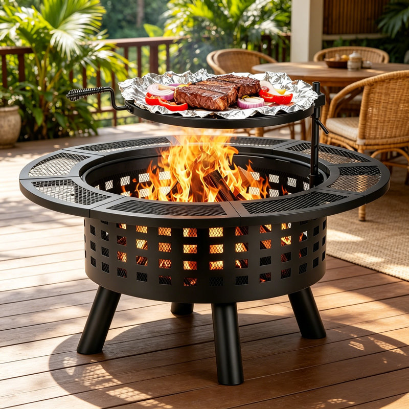 36" 3-in-1 Fire Pit with Grill Lid Poker Charcoal