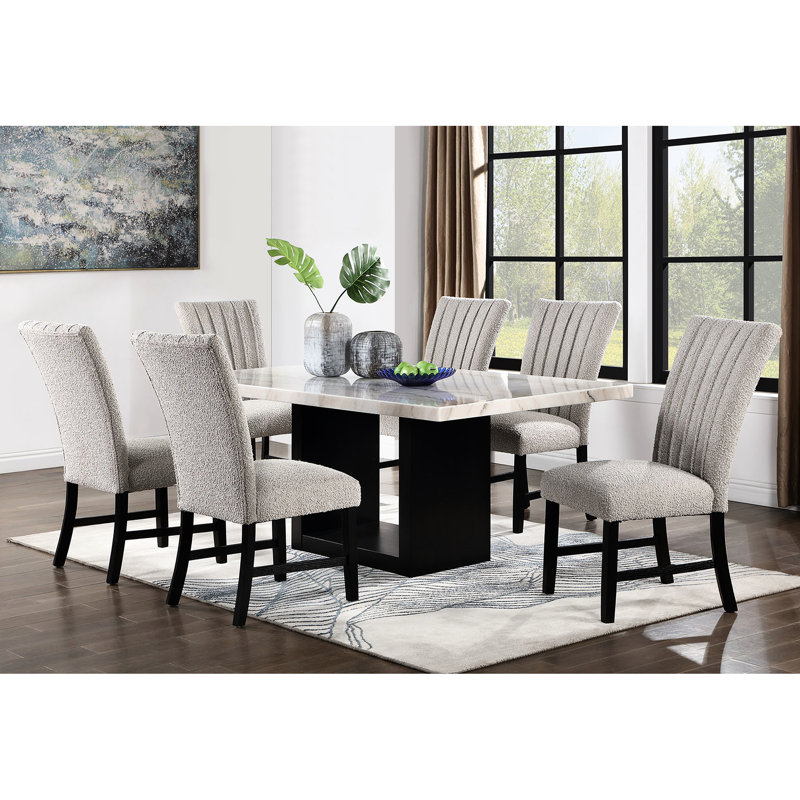 Table de salle à manger rectangulaire avec 6 chaises d'appoint, rembourrée blanche, style transitionnel pour la maison