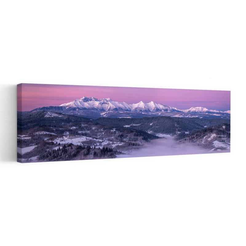 «Purple Mountain Dawn», art dramatique serein abstrait, paysage de forêt, H 16 po x l 48 po
