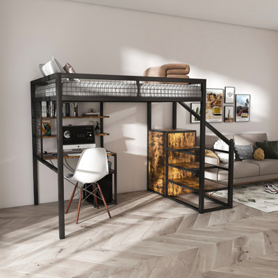 Espace - Lit mezzanine de taille efficace avec tablettes ouvertes, station de charge et design, noir conçu en métal massif