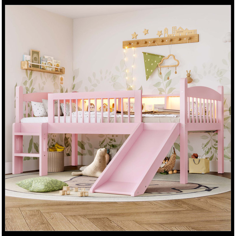 Lit mezzanine simple TG avec tablettes de rangement, lit mezzanine inférieur en bois massif avec lumières DEL et garde-corps pleine longueur, aucun sommier nécessaire, rose