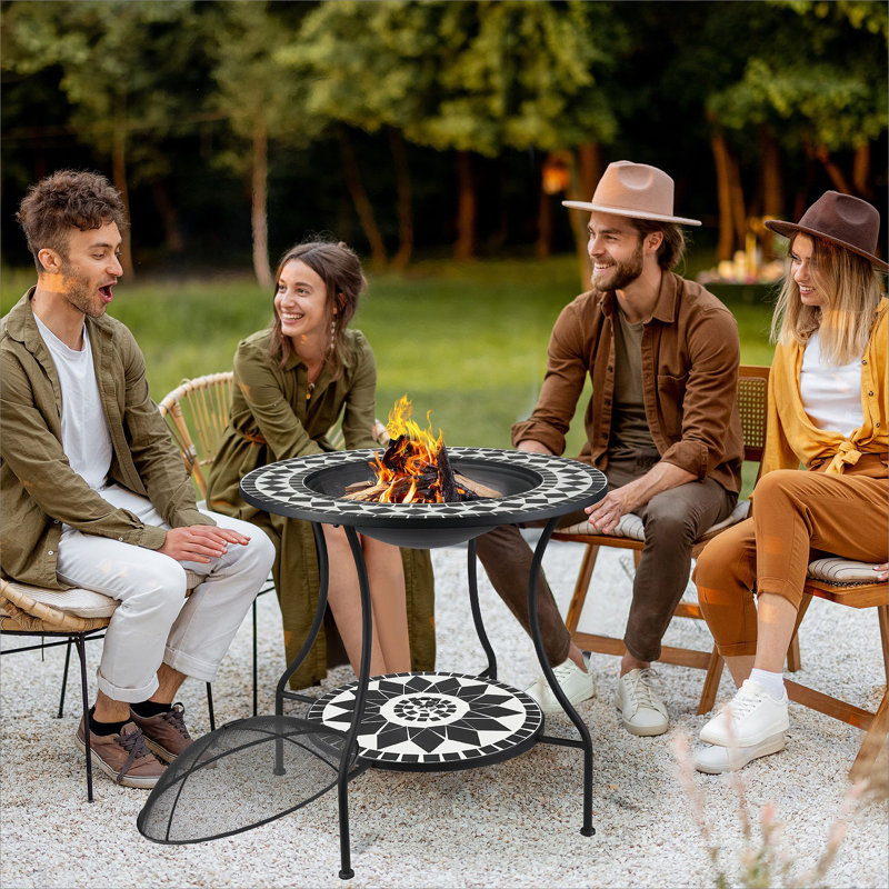 Outdoor Fire Pit Dining Table, 3-In-1 Round Wood Burning Fire Pit Bowl