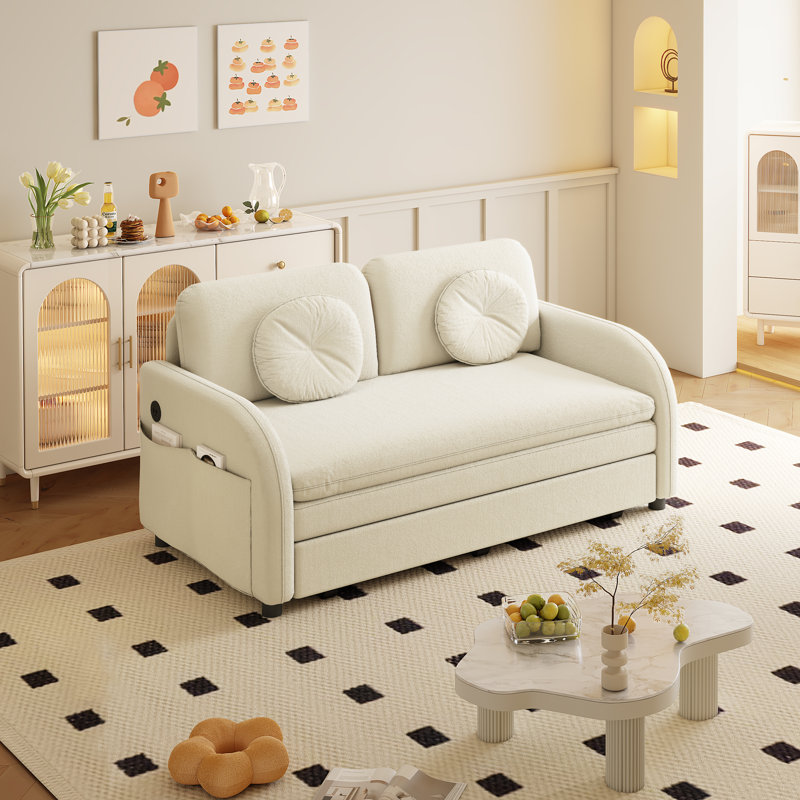 Canapé-lit convertible en chenille 3-en-1 avec poche latérale et port USB, H 35,25 po x l 52,45 po x P 33,05 po, Beige
