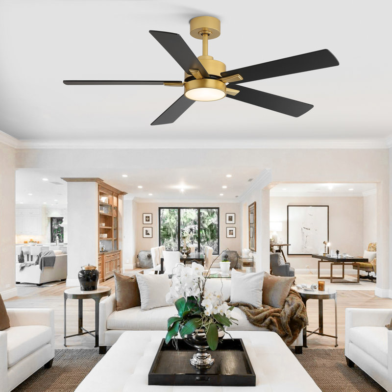 Rolanda 52" 5-inch Downrod Mount Ceiling Fan with Light Kit and Remote Control, Gold with Black Blades