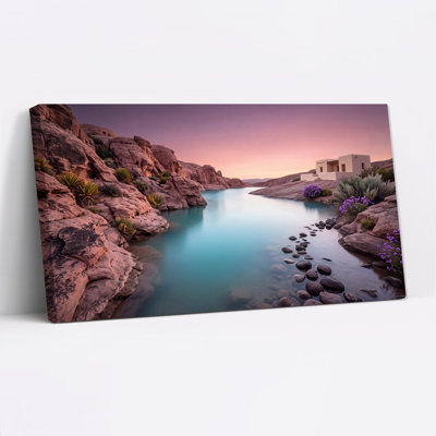«Red Rock Canyon River», art mural sur toile avec fleurs blanches et mauves au coucher du soleil