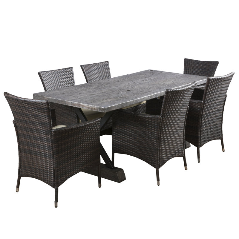 Ensemble repas 7 pièces avec coussins Atthia Catalan, Structure brune / coussin beige
