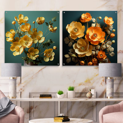 Yellow Buttercups Realistic Radiance - Buttercups Acrylic Wall Art Glass Set Of 2