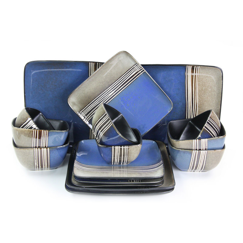 Blue and Tan Ceramic 16-Piece Dinnerware Set for 4