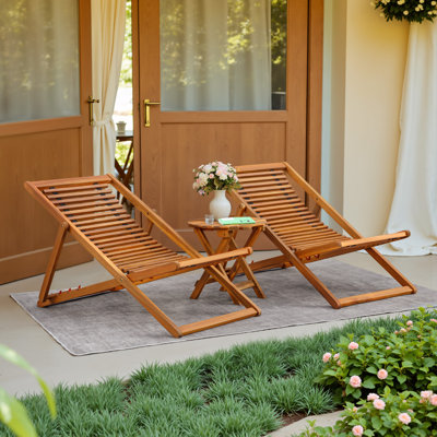 Ensemble de conversation 3 pièces en bois massif avec 2 chaises longues pliantes et table ronde
