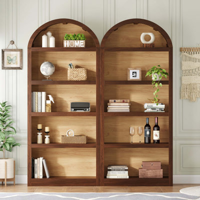 Ensemble de 2 grandes bibliothèques autoportantes, armoire de rangement ouverte bicolore avec plateau arqué en tissu, bibliothèque à 5 niveaux pour le salon, la chambre à coucher et le bureau à domicile