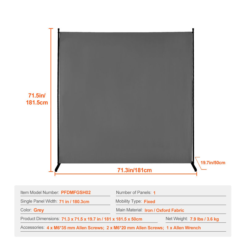 Paravent autoportant de 6 pi pour écran de chambre simple et bureau, cloison portative en fer avec tissu gris Oxford