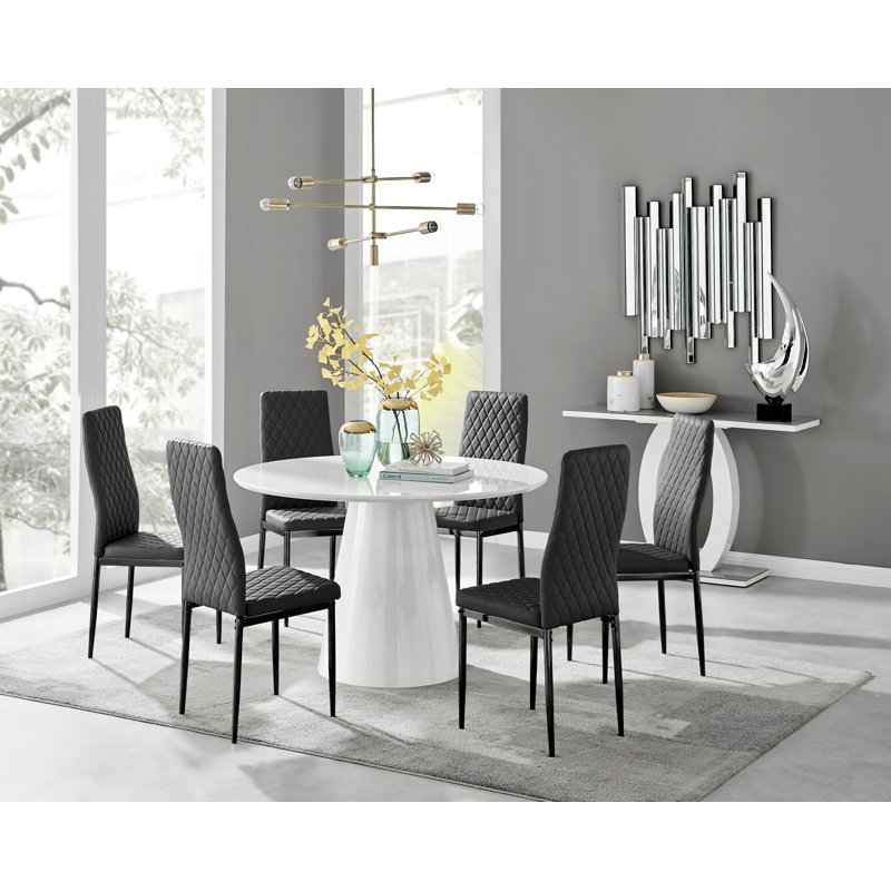 Edward Statement Pedestal Dining Table Set with 6 Luxury Faux Leather Upholstered Dining Chairs, White, Black/Black