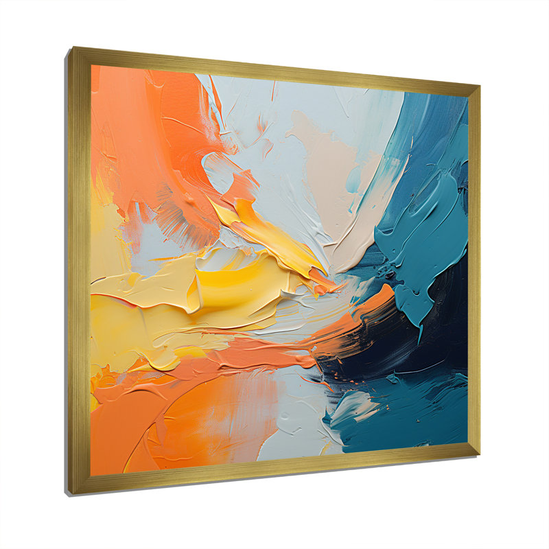 «Blue and Orange Paint Abstract Expression 5», art mural abstrait, Cadre doré simple, H 36 po x l 36 po x P 1,5 po