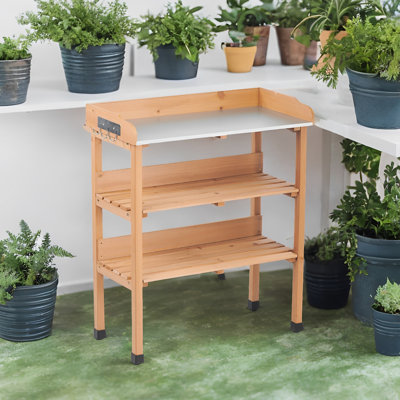 Table de rempotage en bois massif à trois couches 30X14.535.5 avec plateau en métal, banc de travail extérieur pour les projets de garage et de bricolage, avec crochets intégrés Fonctionnalité des pieds réglables 30,5L 14,6W 35,5H