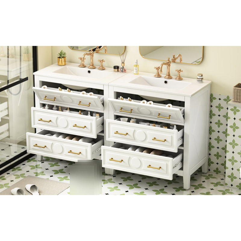 Meuble-lavabo de 60 po avec lavabo en céramique blanche, structure en bois massif, 3 tiroirs, style rétro, charnières réglables à fermeture douce, poignée simple en métal doré,