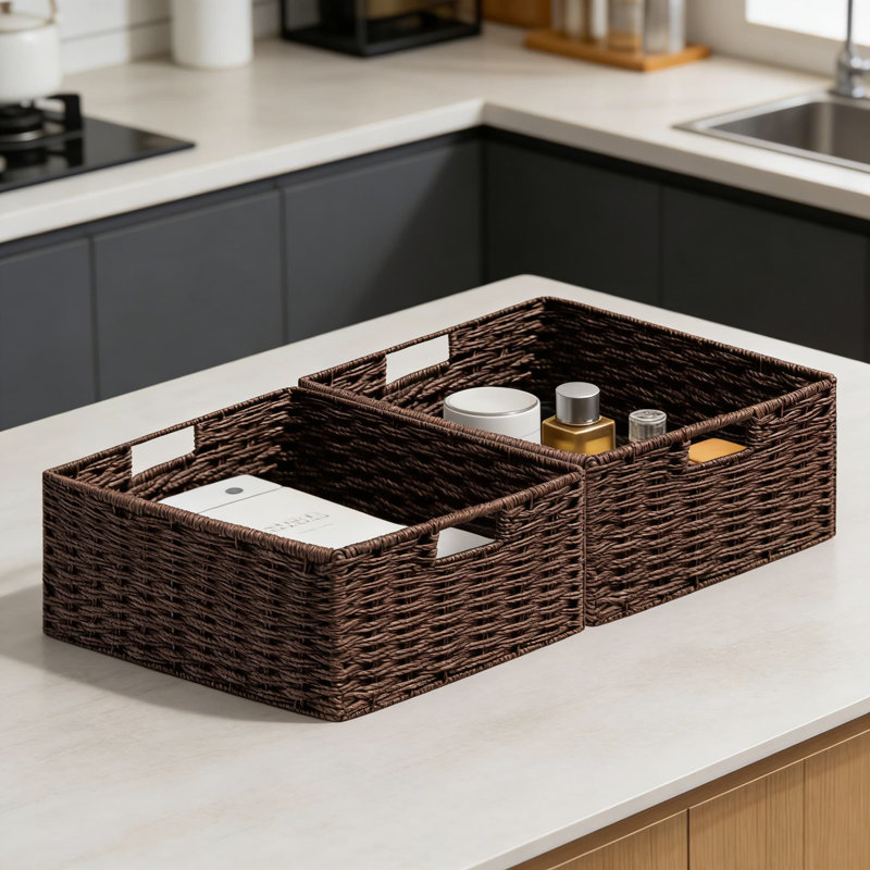 Paniers de rangement pliables, bacs de rangement en corde de papier tissés à la main avec poignées intégrées pour tablettes, solutions de rangement rectangulaires pliables pour l'organisation à la maison, paquet de 2