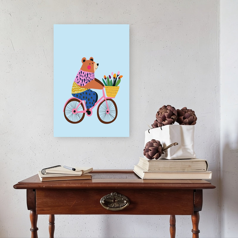 «Happy Bear Bike Ride», impression d'art mural fantaisiste et coloré, H 24 po x l 16 po