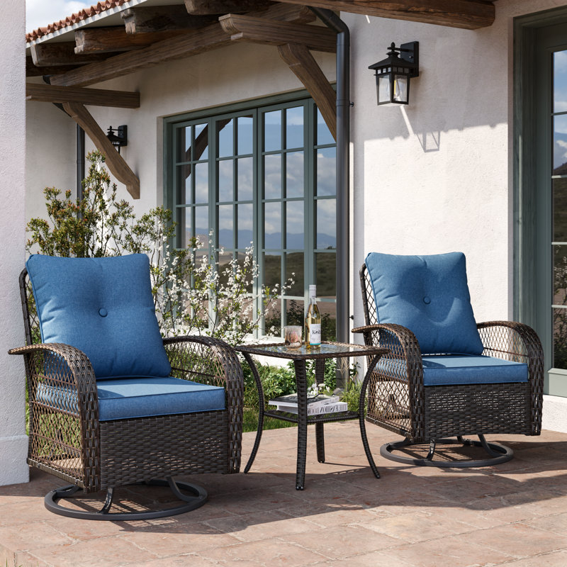 Ensemble 2 pièces de chaises pivotantes en osier avec coussins, Bleu